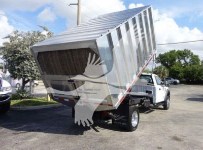 Ford F-550 dump truck with tilted metal dump bed, side view showing 4x4 chassis and white cab.