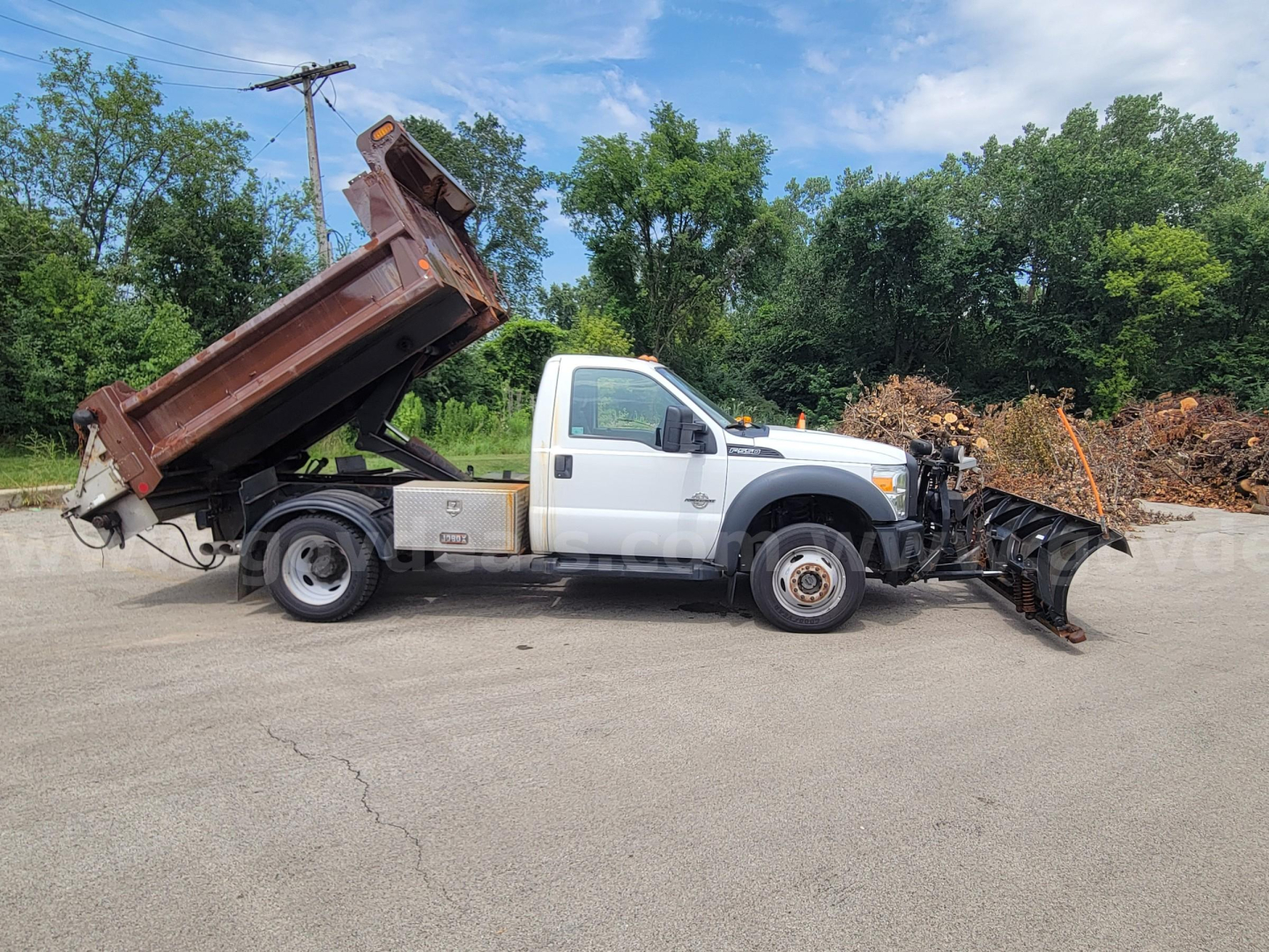 Ford F-550 dump truck with a plow attachment in front, white cab and brown dump body, side view, used condition.