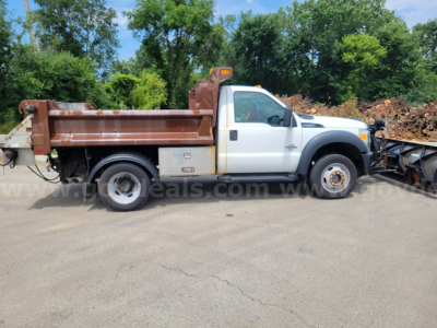 Ford F-550 dump truck side view showing white cab and brown dump bed with utility compartments, plow equipment visible in the background.