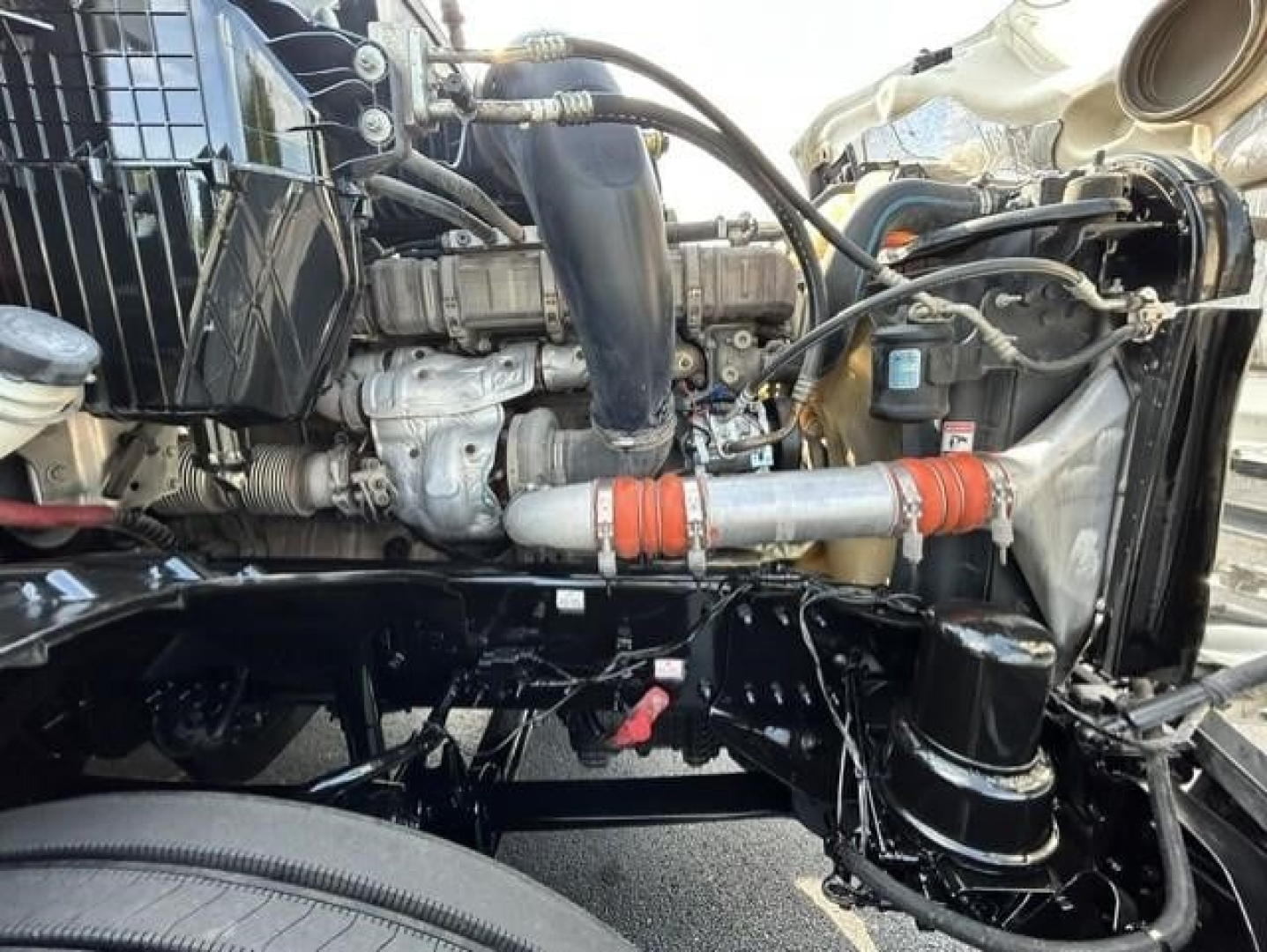 Freightliner Cascadia 126 engine bay showing engine components, hoses, and frame under a raised hood.
