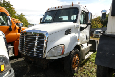 White Freightliner Cascadia 113 cab truck in a used lot, front grille and driver side visible with orange surrounding vehicles.
