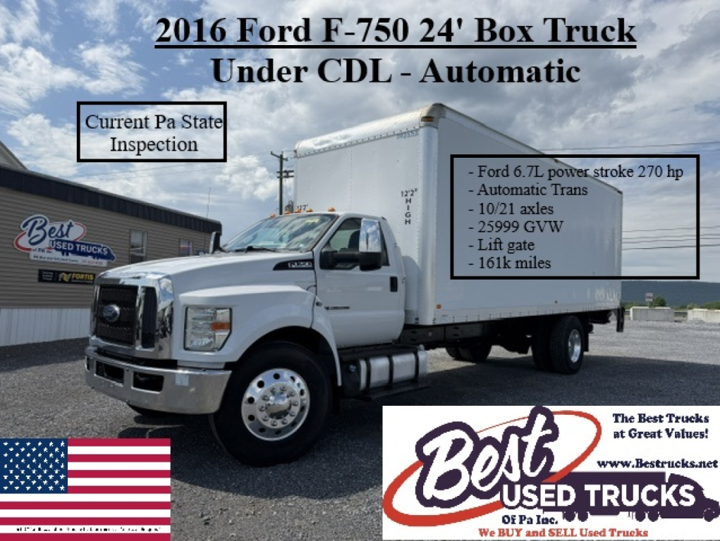 Ford F-750 SD box truck 24' under CDL automatic with VIN 1FDWF7DC8GDA04558 and stock 12901 showing current PA state inspection and specifications.