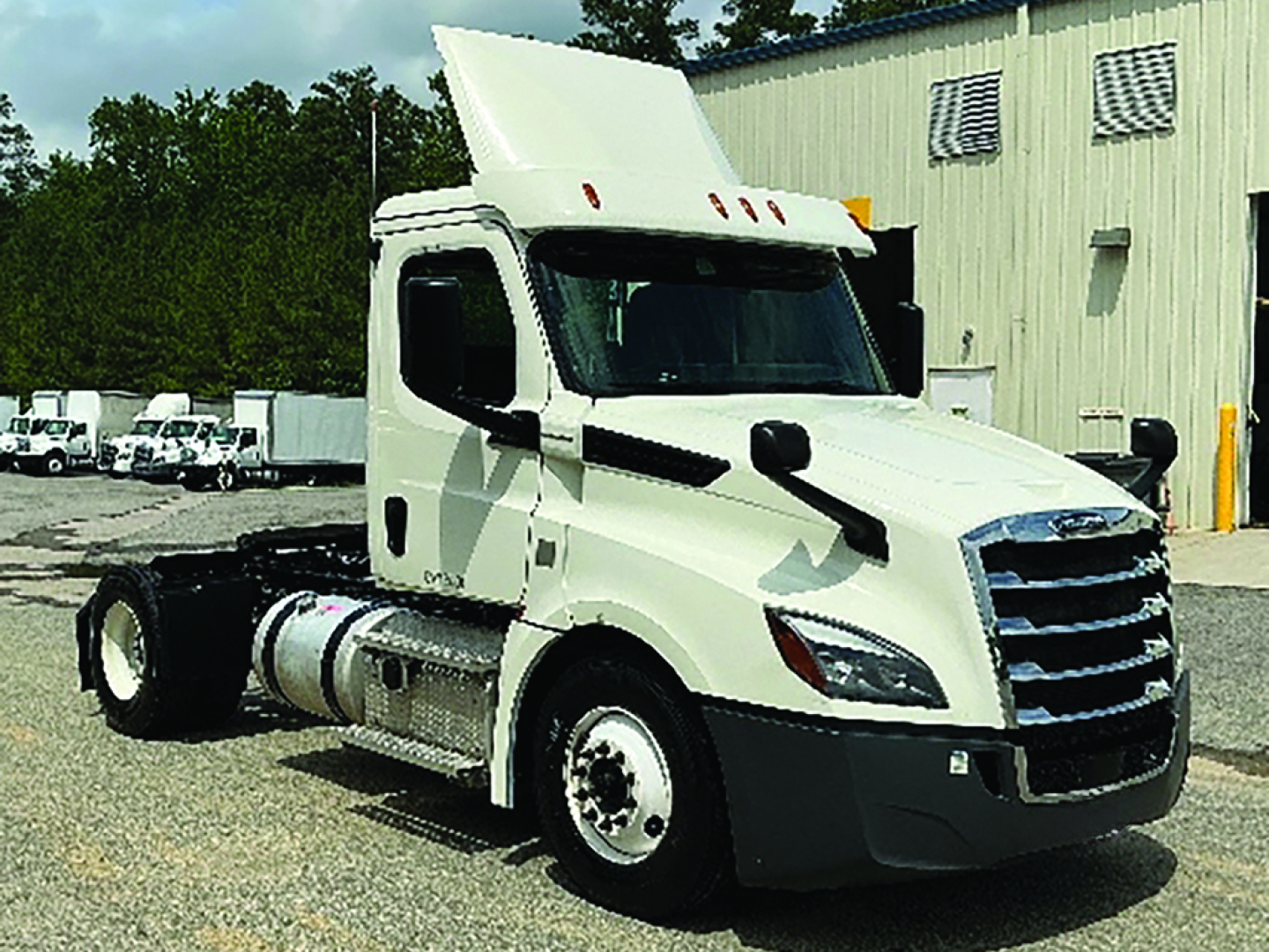 Freightliner Cascadia126 cab tractor showing front grille and raised sleeper with white paint and side mirrors.