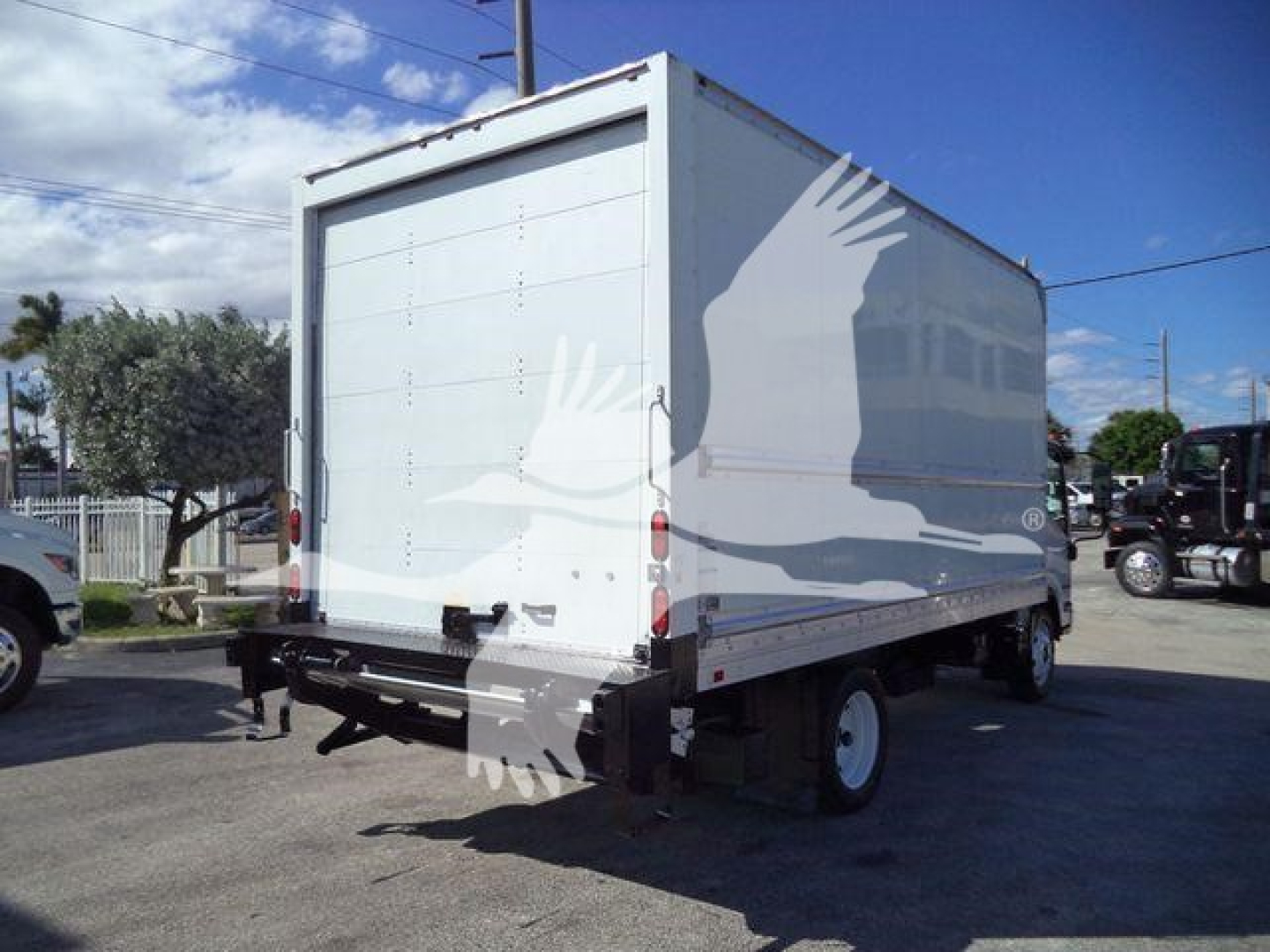 Isuzu NPR HD box truck rear view showing closed cargo area and dual rear doors.