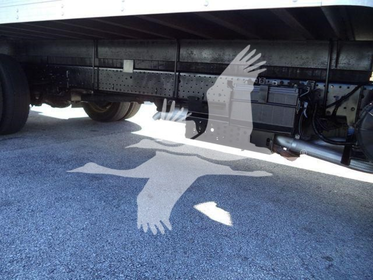 Isuzu NPR HD truck undercarriage showing fuel lines and chassis with a battery box and wiring, side view with gravel ground.