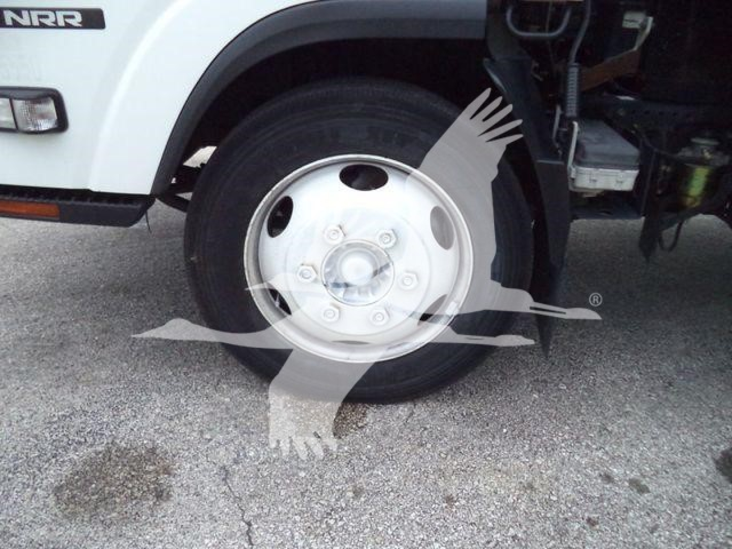 Isuzu NRR front wheel well showing steel wheel and tire, with white cab and NRR badge visible.