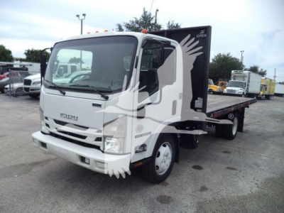 Isuzu NPR truck with flatbed bed, front cab view, JALE5W16XK7301431 VIN visible on listing.
