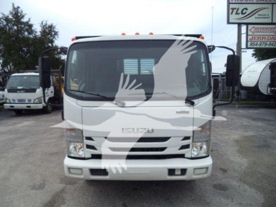 Isuzu NPR truck front view in a used equipment lot with white cab and grille details visible.