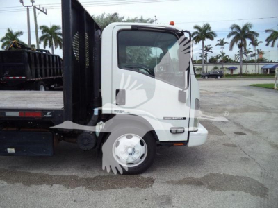 Isuzu NRR flatbed truck cab side view showing front wheel and door, with white paint and black rail bed in background.