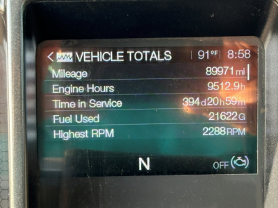 Vehicle totals screen showing mileage 89971 mi, engine hours 9512.9 h, time in service 394d20h59m, fuel used 21622 gal, highest RPM 2288, N gear, 91F temp, 8:58 time.