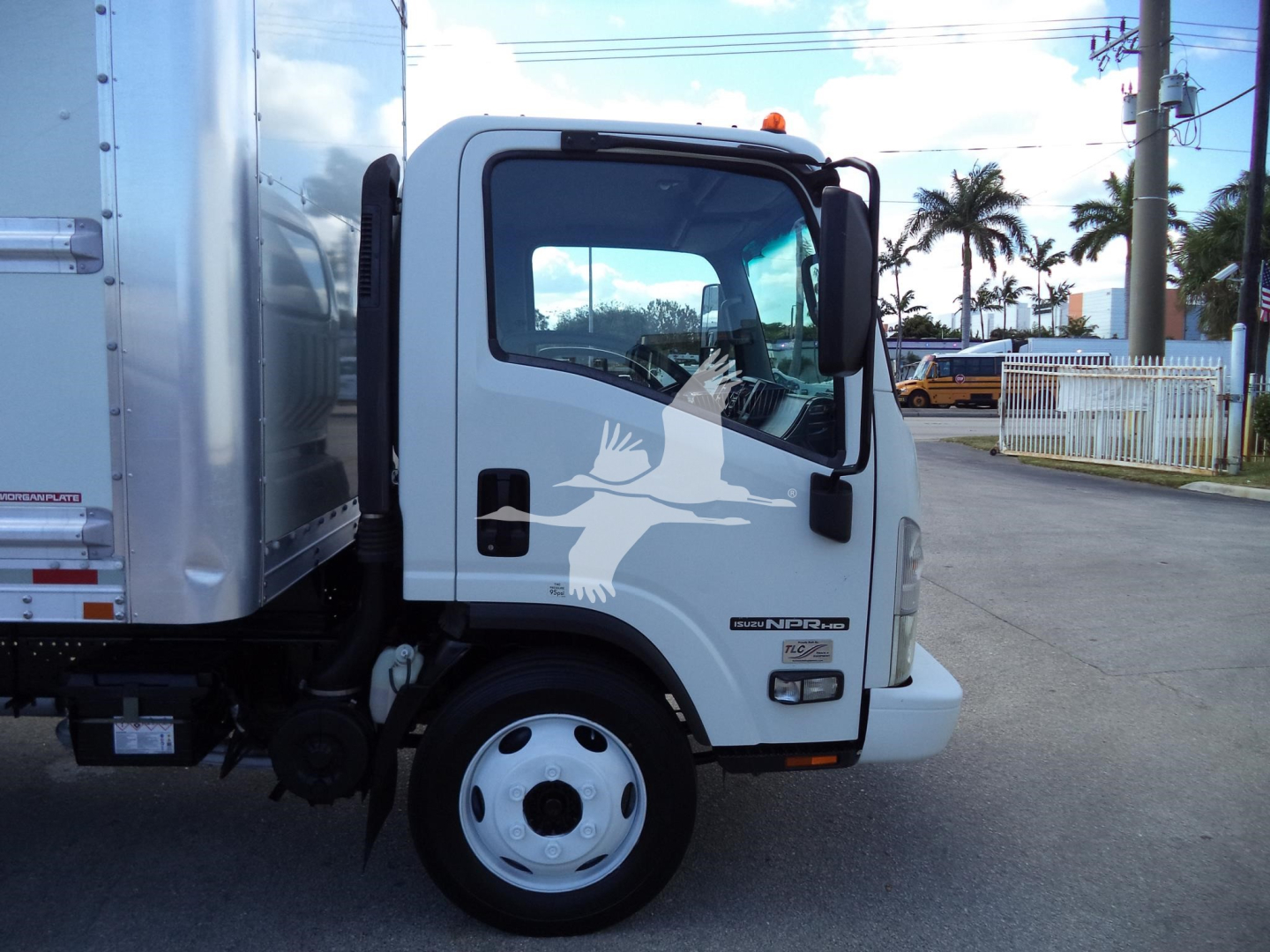 Isuzu NPR HD box truck cab side view showing front wheel and door with model badge and graphic on door.