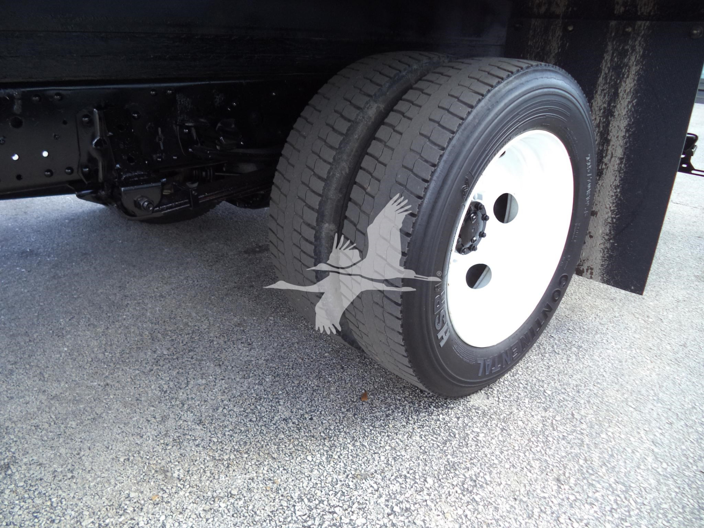 Isuzu NPR-HD truck rear wheel and suspension view with white steel wheel and dual tires.