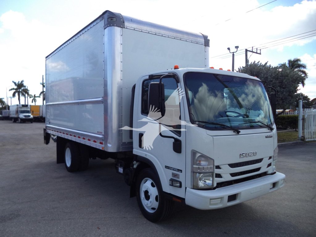 Isuzu NPR-HD box truck with white cab and aluminum cargo box, side view showing front grille and mirrors.