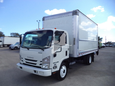 Isuzu NPR-HD box truck in side view showing cargo box and cab details.