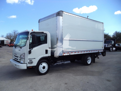 Isuzu NPR-HD box truck front-left view showing cargo box and cab with white cab, gray box, and side mirrors.