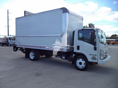 Isuzu NPR HD box truck side view showing cargo box and cab with white exterior and black tires.