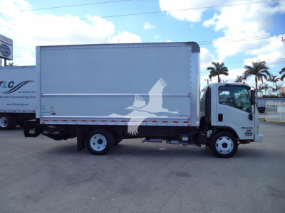 Isuzu NPR HD box truck side view showing a white cargo box with a stylized bird graphic and a cab; no legible small text visible.