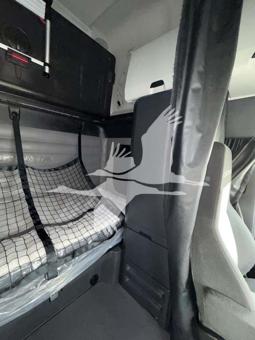 Truck cab interior showing sleeper bunk area with netting and storage, Freightliner Cascadia 126 cabin view