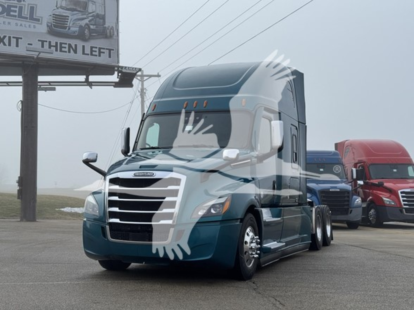 Freightliner Cascadia 126 tractor-trailer in blue-green, front-left view showing large grille and sleeper cab.