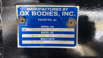 Plate reading Manufactured by Ox Bodies, Inc. Fayette, AL with serial number and model/build info on blue label.