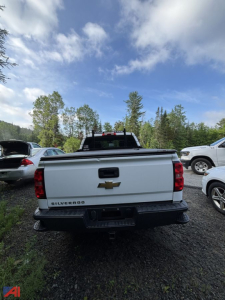 Chevrolet Silverado 1500 crew cab rear view showing Silverado badge and Chevy bowtie emblem on tailgate with truck bed, in a gravel lot.