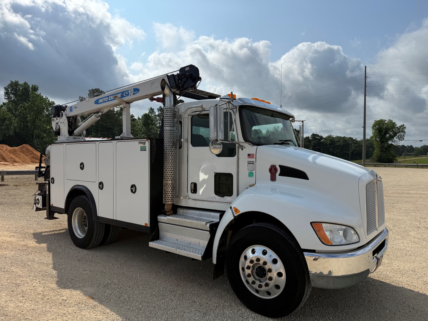 Kenworth T270 service truck with crane on utility lot, white cab, side compartments, Yokohama wheels, VIN 2NKHHM6X8LM420473, stock B3518P.