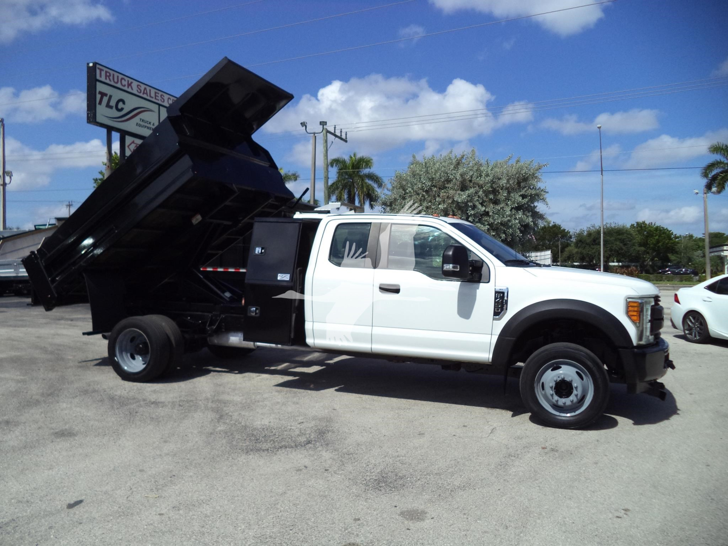 Ford F-450 dump truck with white cab and black dump bed raised, side step, dual rear wheels, in a dealership lot.