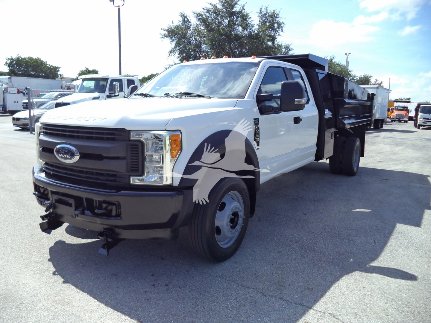 Ford F-450 dump truck in white showing side cab with open door and dump bed.
