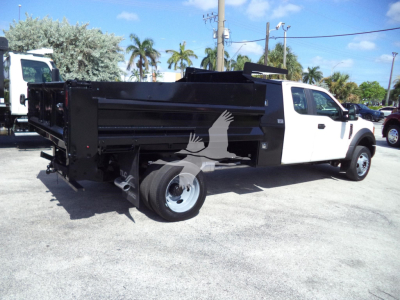 Ford F-450 dump truck with black dump bed; white cab; side view showing dual rear wheels and hydraulic dump mechanism.