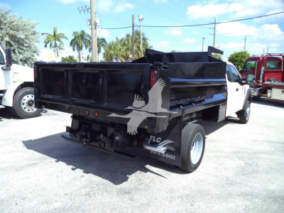 Ford F-450 dump truck rear view showing black dump bed and white cab.