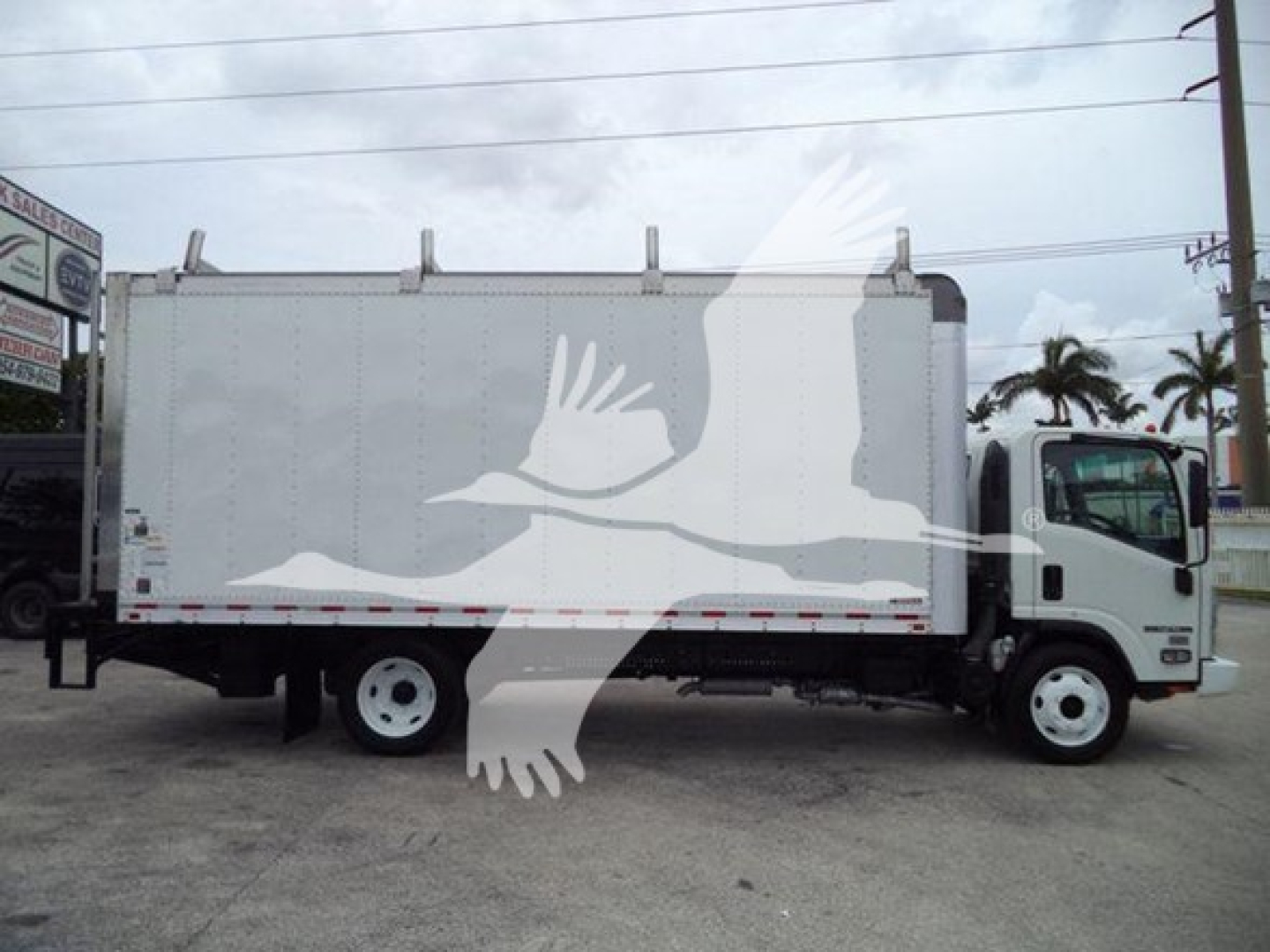 Truck side view of a 2019 Isuzu NPR-HD box truck with a large white box and a graphic of birds. No other text visible on the image.