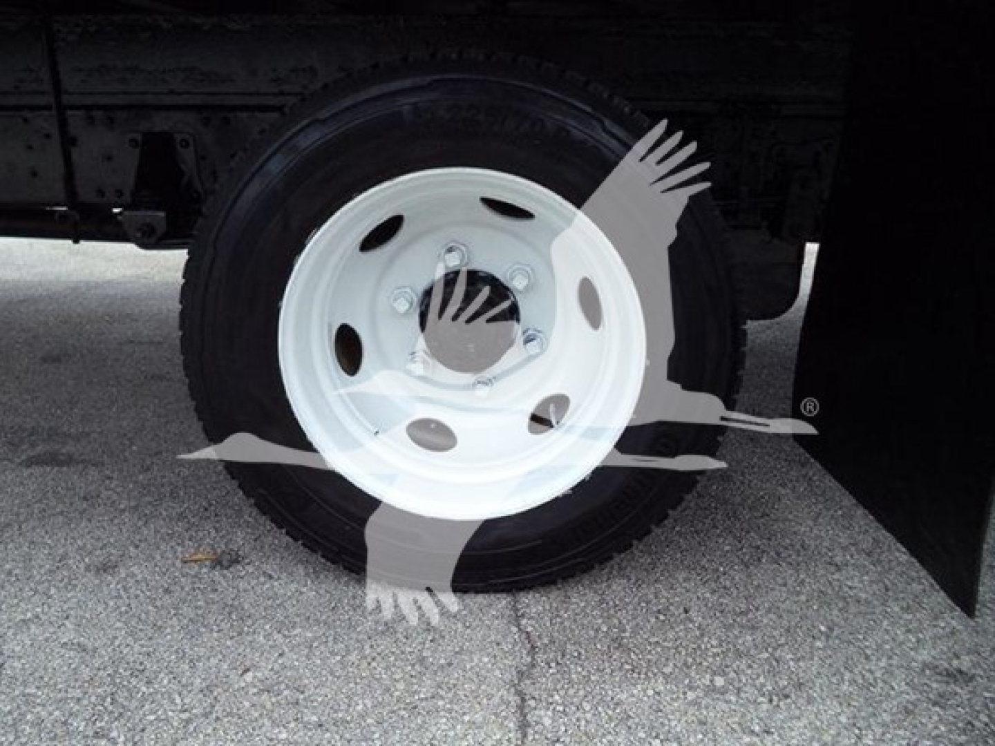 Isuzu NPR HD wheel and white steel rim on a box truck. Visible tire, wheel hub, and portion of the underbody.