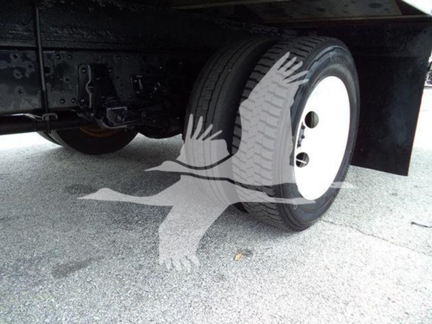 Isuzu NPR HD undercarriage showing front wheel with white rim and dual tires, underbody frame and suspension components visible.
