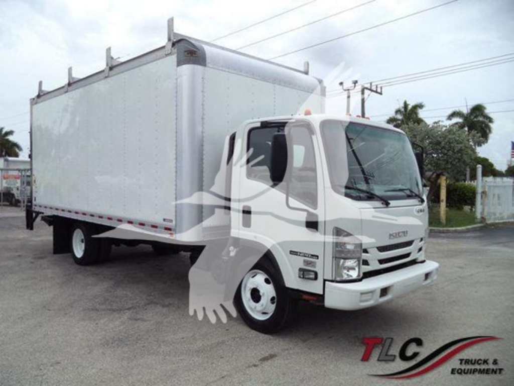 Isuzu NPR-HD box truck showing cab and large white box body, side view with dual rear wheels, front grille and headlights visible.