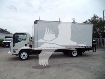 Isuzu NPR HD box truck in side view showing cargo box and cab, VIN 54DC4W1B5KS814653 visible in listing context.