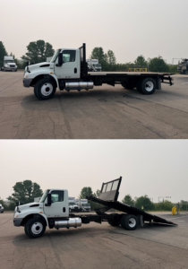 Flatbed tow truck side view showing cab and chassis with extendable ramp loaded on a MV607-style rollback truck.