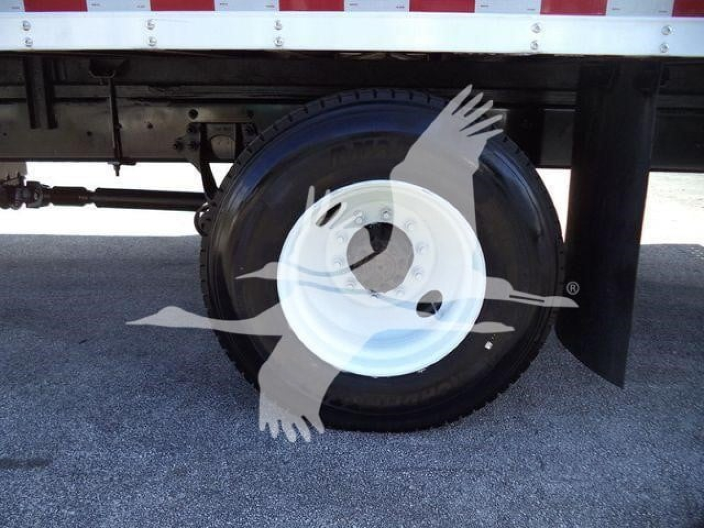 Wheel and tire on a box truck showing white steel wheel and tire with undercarriage components.
