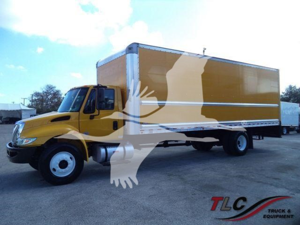 Box truck 2019 International Durastar in yellow with large cargo box, side view showing cab and front wheels.
