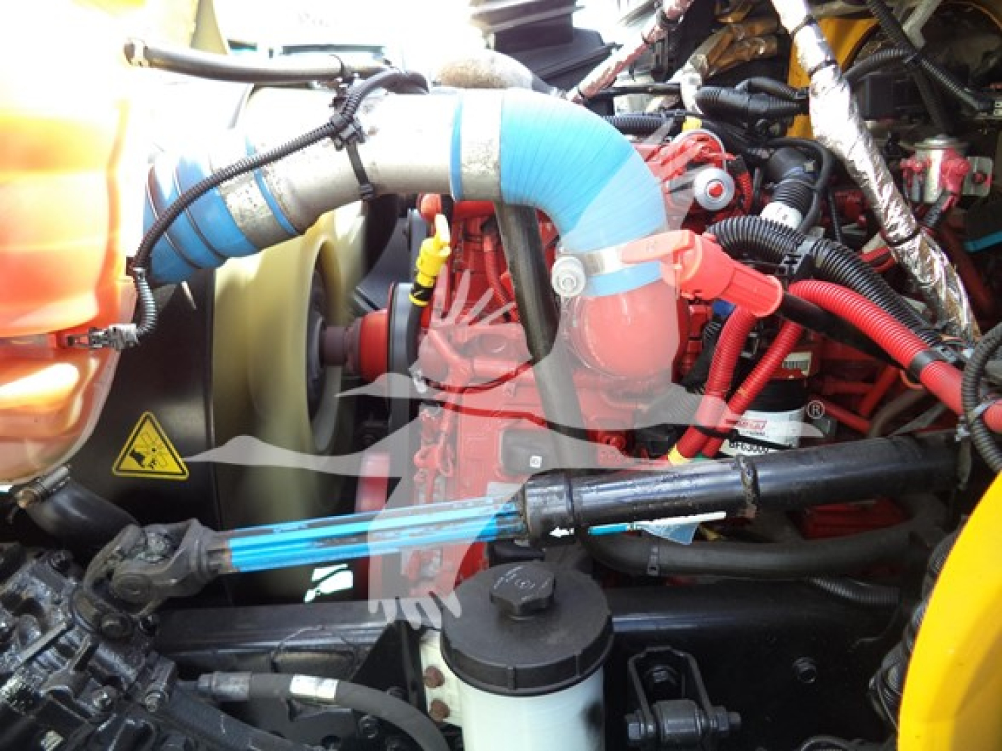 Engine bay of a 2019 International Durastar 4300 with visible hoses, connectors, and components; blue silicone hose, red hoses, black reservoir cap.