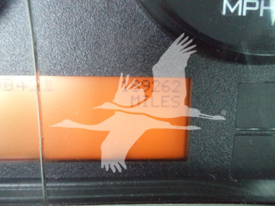 Dashboard area showing an orange rectangular label with numbers and a white bird graphic overlayed. Visible text includes '382304' and partial '3HAMMMML5KL' on VIN area and part of mph gauge.