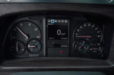 Dashboard view of a 2027 Western Star 47X showing speedometer, tachometer, center digital display at 0 mph, and various gauges.