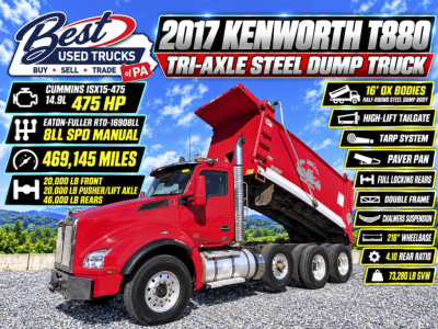 2017 Kenworth T880 tri-axle steel dump truck on advertisement with specs: CUMMINS ISX15-475 475 HP, 20,000 LB front / 20,000 LB pusher lift axle, 46,000 LB rear, 469,145 miles, 16'0" bodied dump, full locking rears, 4.10 rear ratio, 73,280 