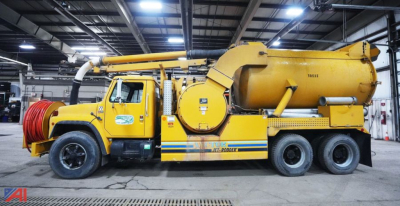 Truck-mounted vacuum jet-rodders system on a yellow 6x4 International F1954, with rear vacuum tank and hose reel.