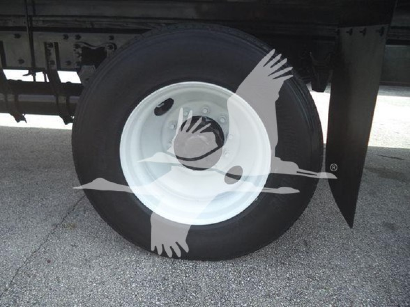 Wheel of Freightliner box truck showing white steel rim and black tire with trailer undercarriage visible