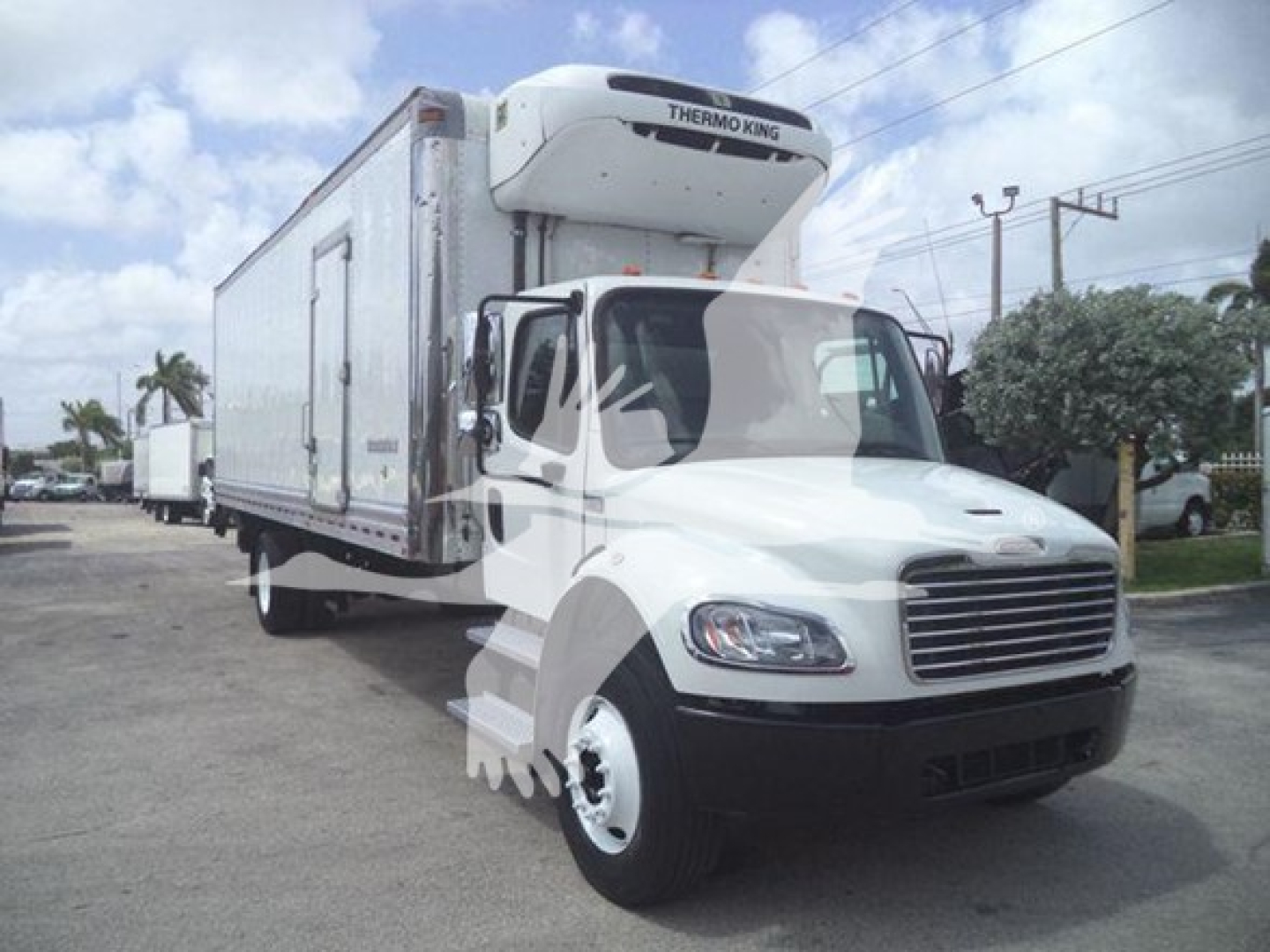 Box truck with Thermo King reefer on cabover Freightliner M2 106 side view showing refrigerated box and front grille.