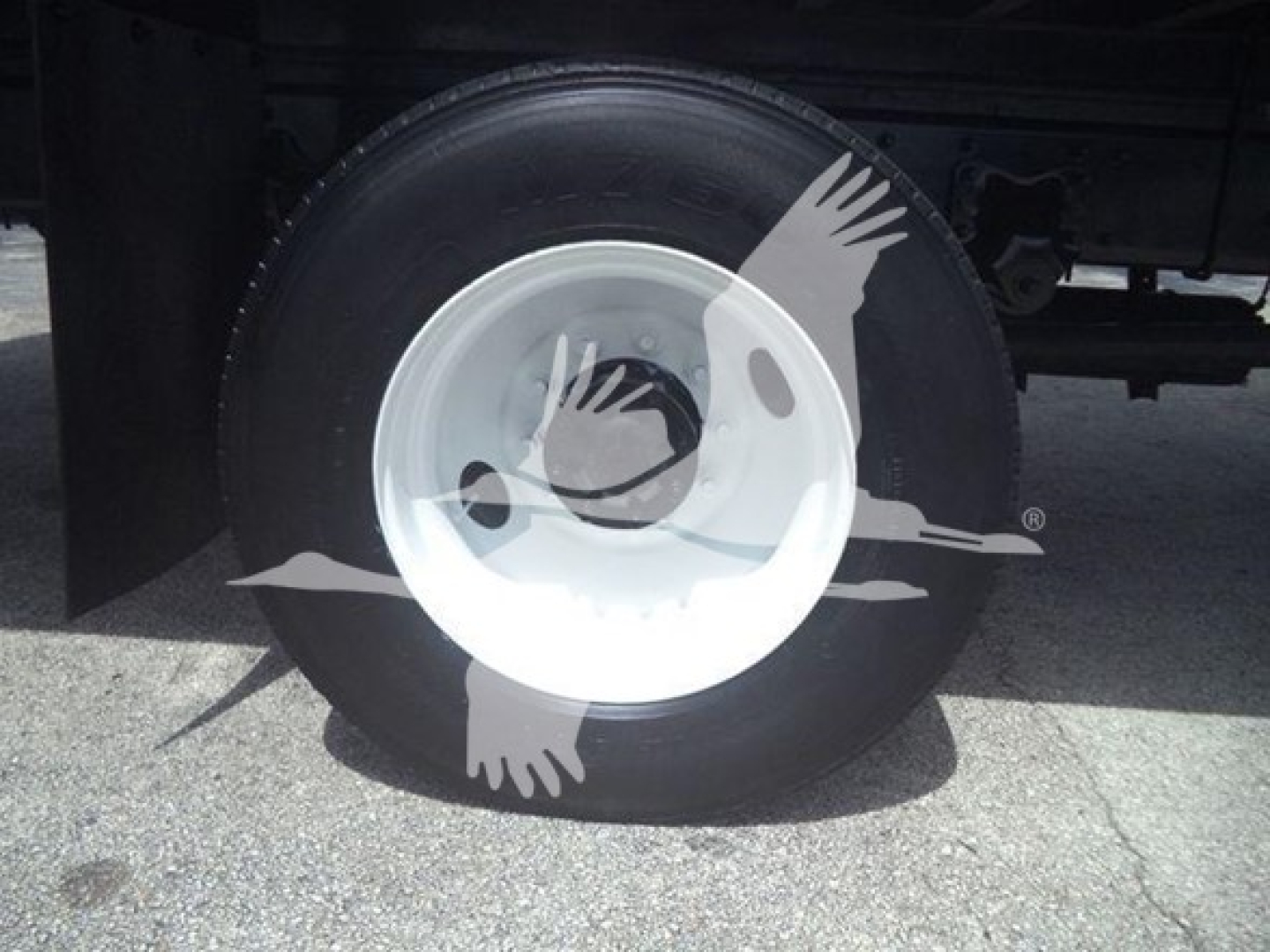 Wheel and tire on Freightliner M2 106 chassis showing white steel wheel and black tire, partial undercarriage visible.