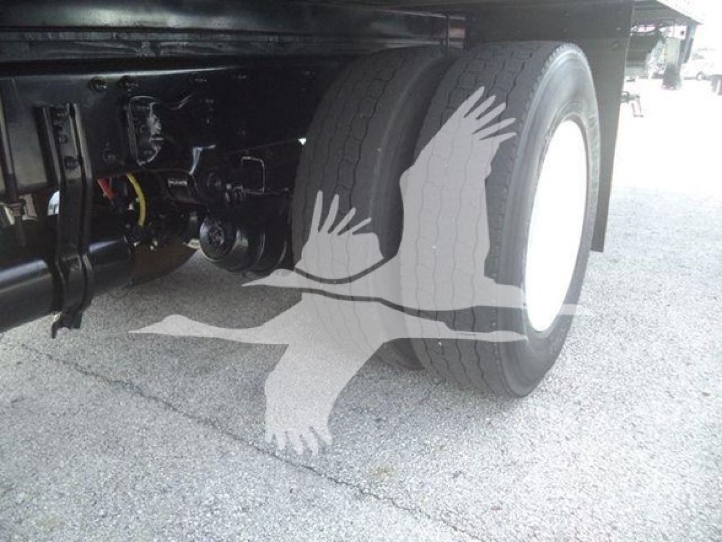 Freightliner M2 106 wheel and undercarriage view showing dual rear tires and suspension components.