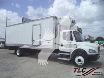 Freightliner Business Class M2 106 box truck with a large refrigerated cargo area and a vertical exhaust on the side; white cab and box.