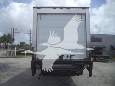 Freightliner M2 106 truck rear view showing box cargo area and lower bumper hardware with a white bird watermark on the rear door.