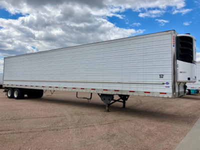 Trailer side view showing a 53' refrigerated utility trailer with a front refrigeration unit, aluminum side panels, dual rear axles, and landing gear.